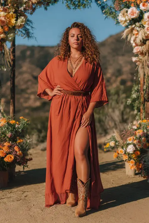 A curvy woman wearing a terracotta wrap maxi dress with dramatic sleeves and a slit, embroidered cowboy boots