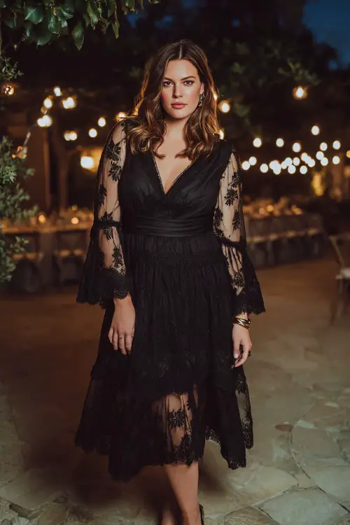 A curvy woman wears a black lace midi dress featuring dramatic bell sleeves, intricate lace embroidery, and a flowing layered skirt with subtle ruffle tiers
