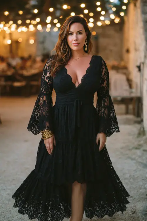 A curvy woman wears a black lace midi dress featuring dramatic bell sleeves, intricate lace embroidery, and a flowing layered skirt
