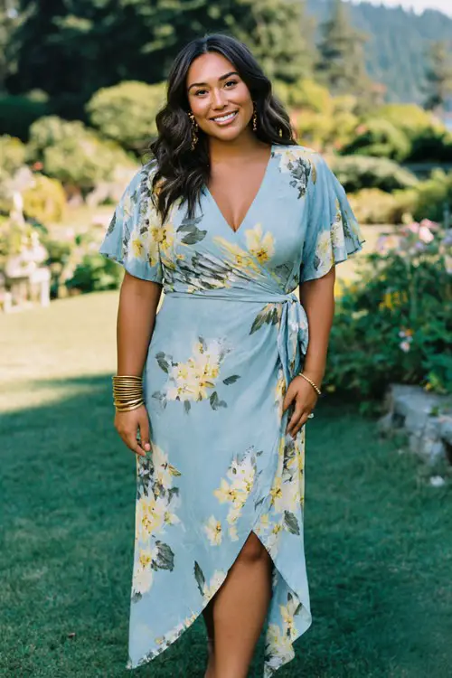 A curvy woman wears a blue floral wrap midi dress with flutter sleeves and a breezy asymmetrical hemline, styled with block heels and gold bracelets