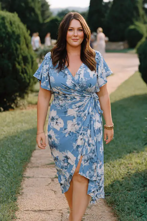 A curvy woman wears a blue floral wrap midi dress with flutter sleeves and a breezy asymmetrical hemline, styled with block heels and gold bracelets