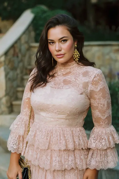 A curvy woman wears a blush lace dress featuring dramatic lace bell sleeves, a modest high neckline, and layered ruffle tiers throughout the skirt