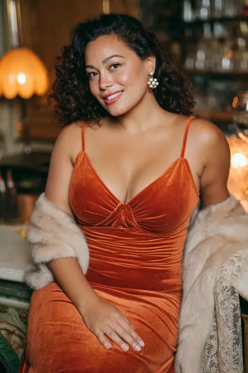 A curvy woman wears a burnt-orange velvet midi dress featuring a sweetheart neckline, ruched bodice, and softly flared skirt