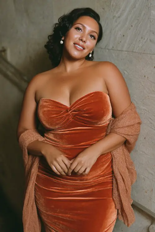 A curvy woman wears a burnt-orange velvet midi dress featuring a sweetheart neckline, ruched bodice, and softly flared skirt