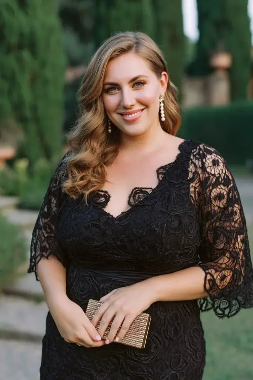 A curvy woman wears a dark lace tiered mini dress featuring flutter sleeves and delicate floral lace layers, styled with pearl drop earrings and a satin clutch