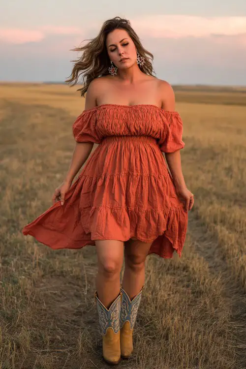 A curvy woman wears a flowing off-shoulder dress in warm sunset tones with layered ruffles, paired with embroidered cowboy boots