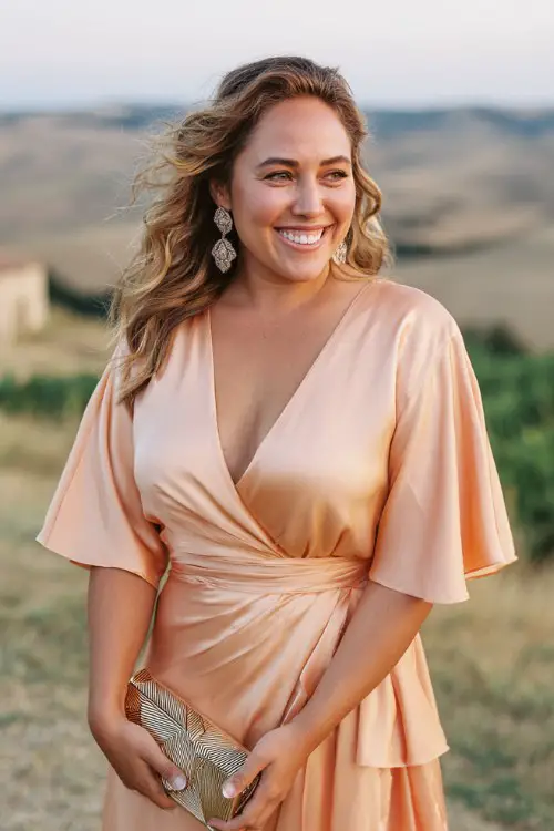 A curvy woman wears a glowing apricot satin wrap gown featuring flutter sleeves, a cinched waistline