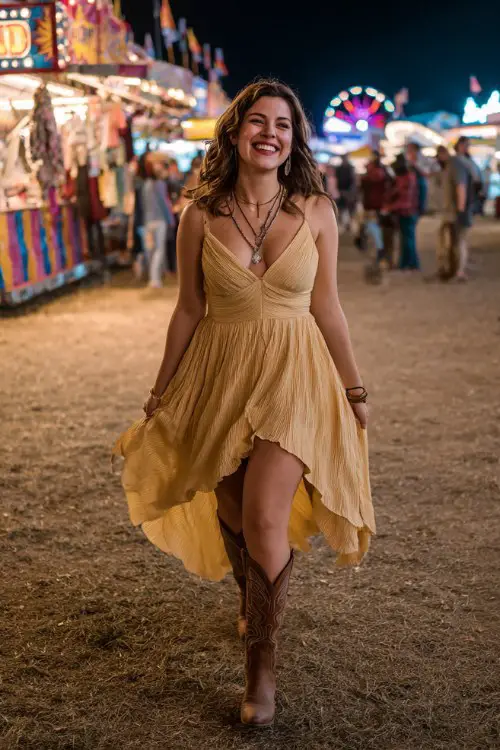 A curvy woman wears a high-low dress with dramatic movement and soft pleats, styled with statement cowboy boots and layered necklaces