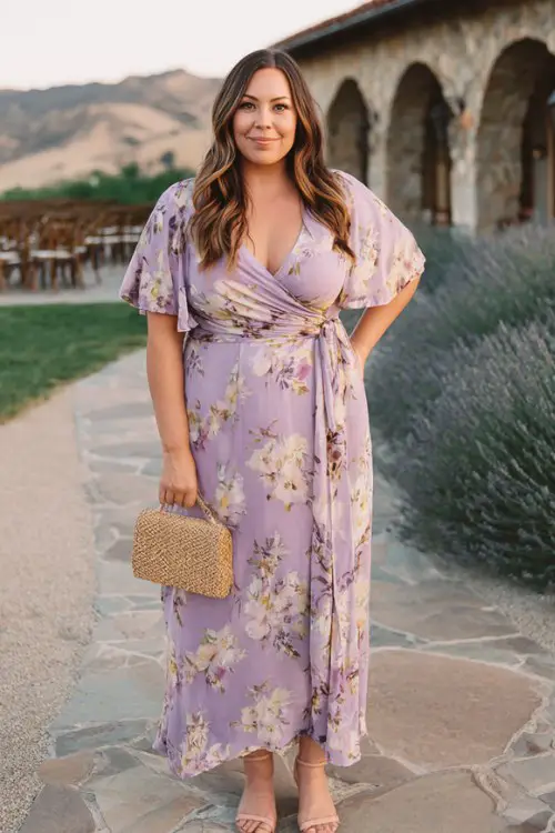 A curvy woman wears a lavender floral chiffon dress featuring flutter sleeves, a wrap silhouette, and a soft flowing hem, styled with heeled sandal