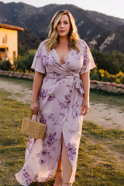 A curvy woman wears a lavender floral chiffon dress featuring flutter sleeves, a wrap silhouette, and a soft flowing hem, styled with heeled sandal