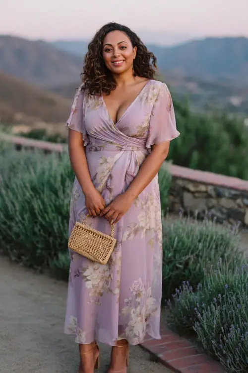 A curvy woman wears a lavender floral chiffon dress featuring flutter sleeves, a wrap silhouette, and a soft flowing hem