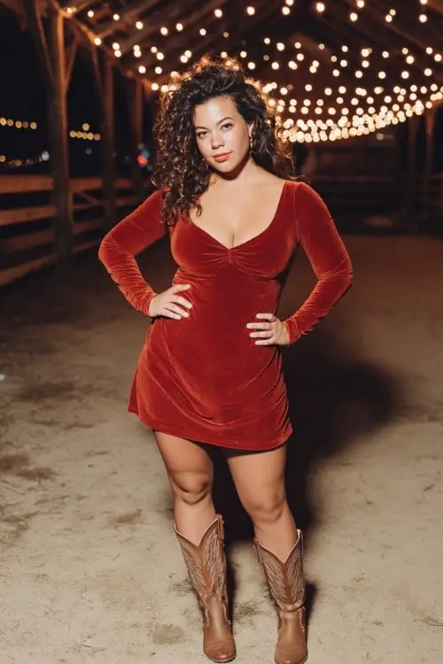 A curvy woman wears a long-sleeve velvet dress with knee-high cowboy boots