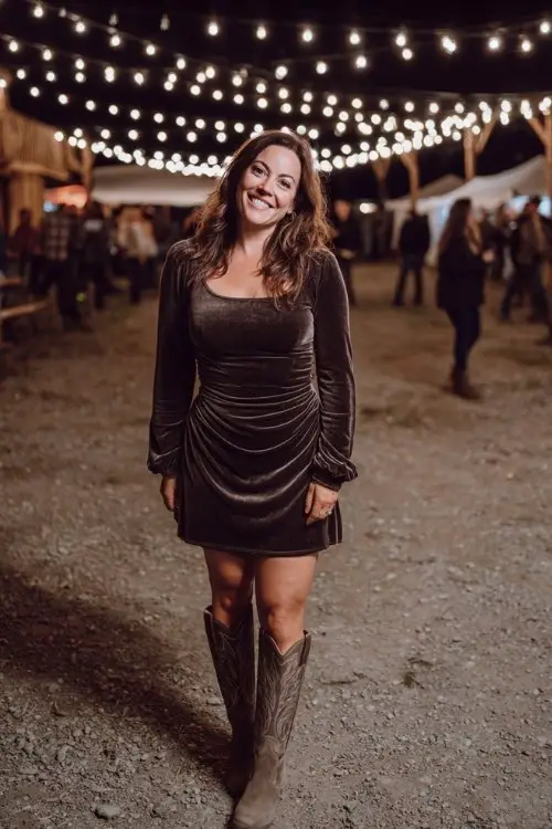 A curvy woman wears a long-sleeve velvet dress with knee-high cowboy boots