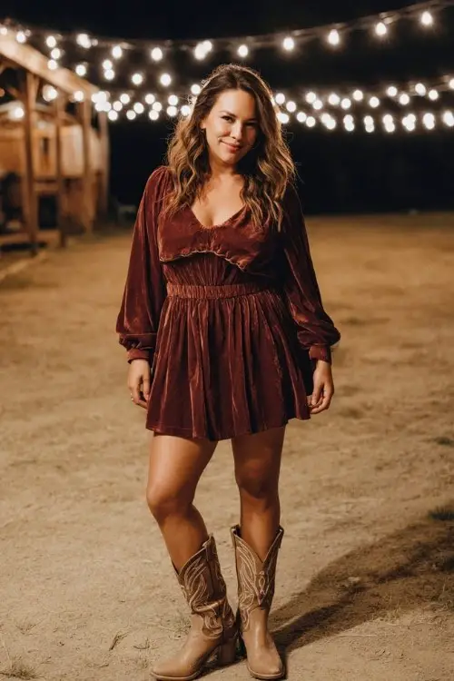 A curvy woman wears a long-sleeve velvet dress with knee-high cowboy boots