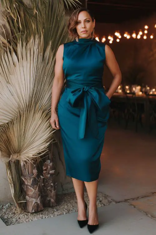 A curvy woman wears a midnight teal dress with a structured fit, open back, and oversized satin bow at the waist