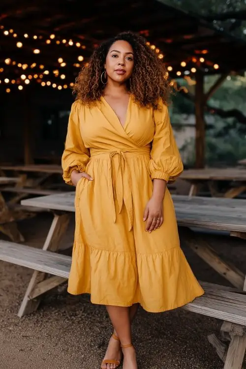 A curvy woman wears a mustard-yellow wrap dress with a tiered skirt and puff sleeves