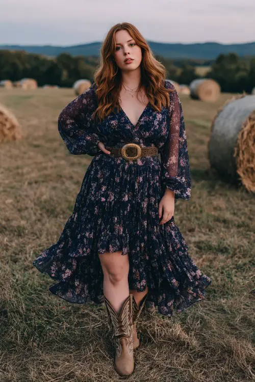 A curvy woman wears a navy floral chiffon dress with a tiered skirt and sheer sleeves, styled with embroidered cowboy boots, a cinched belt