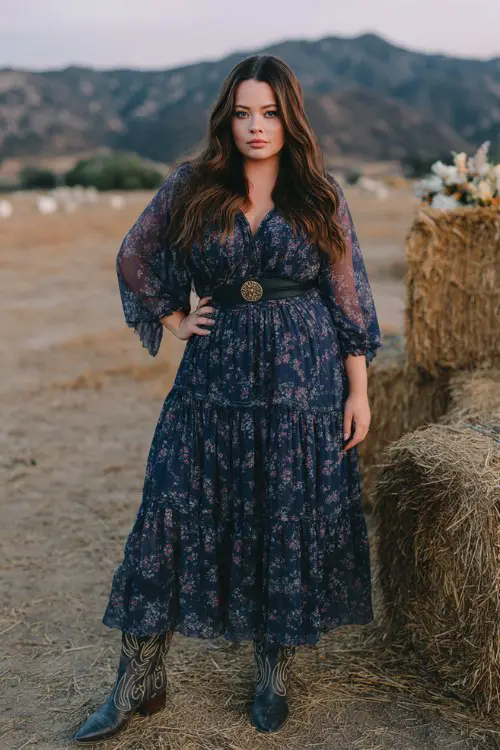 A curvy woman wears a navy floral chiffon dress with a tiered skirt and sheer sleeves, styled with embroidered cowboy boots, a cinched belt