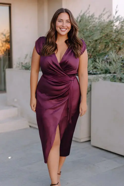 A curvy woman wears a plum satin midi dress with a wrap-style waist and subtle sheen, styled with strappy heels