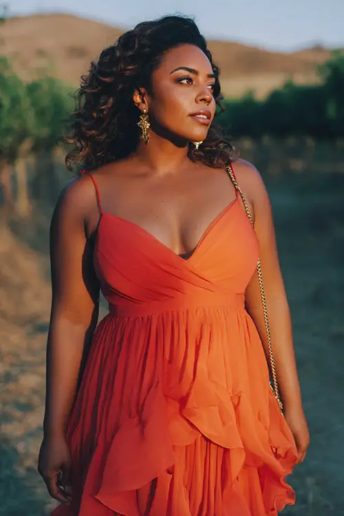 A curvy woman wears a radiant sunset chiffon maxi dress featuring delicate ruffle straps, a draped bodice, and cascading layered skirt panels
