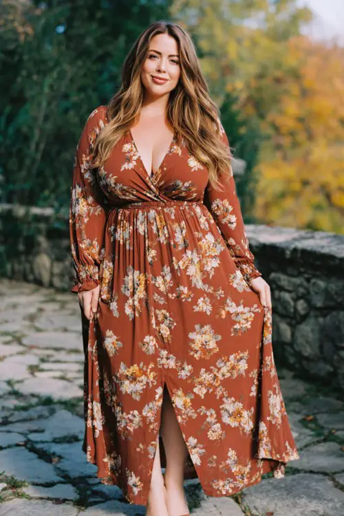 A curvy woman wears a rust floral long sleeve maxi dress with a V-neckline and flowy silhouette, styled with block heels