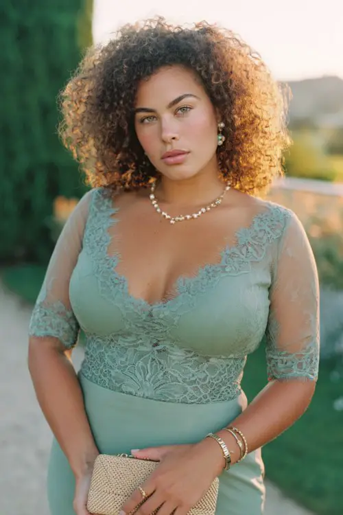 A curvy woman wears a sage green lace mini dress featuring sheer three-quarter sleeves, a scalloped sweetheart neckline