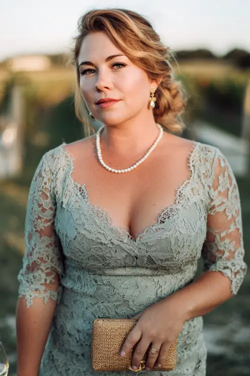 A curvy woman wears a sage green lace mini dress featuring sheer three-quarter sleeves, a scalloped sweetheart neckline