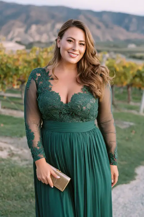 A curvy woman wears a sheer-sleeve emerald green gown with lace appliqué details and a flowing skirt (2)