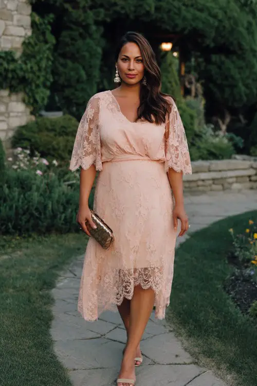 A curvy woman wears a soft peach lace dress featuring floral lace appliqué, flutter sleeves, and a flowing A-line skirt with layered lace hem