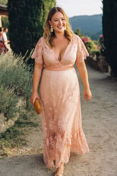 A curvy woman wears a soft peach lace dress featuring floral lace appliqué, flutter sleeves, and a flowing A-line skirt with layered lace hem
