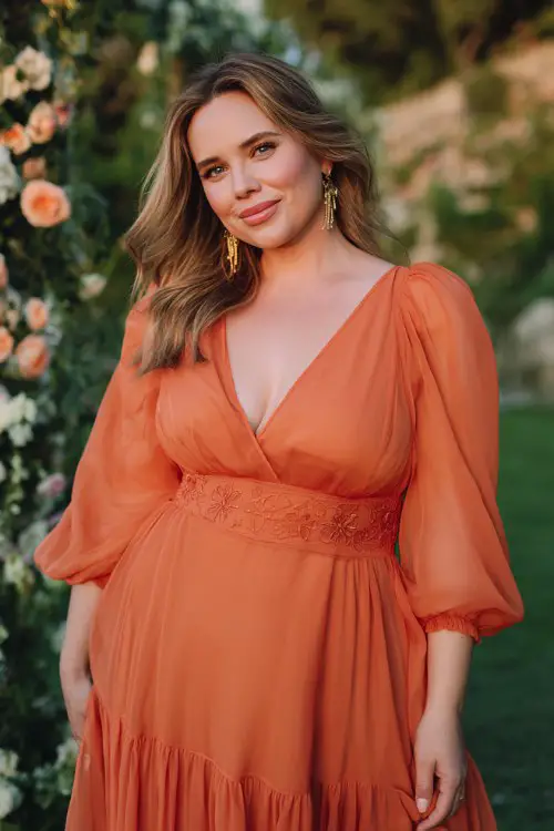 A curvy woman wears a sunset-orange chiffon dress featuring puff sleeves, embroidered waist details, and cascading ruffle tiers along the skirt