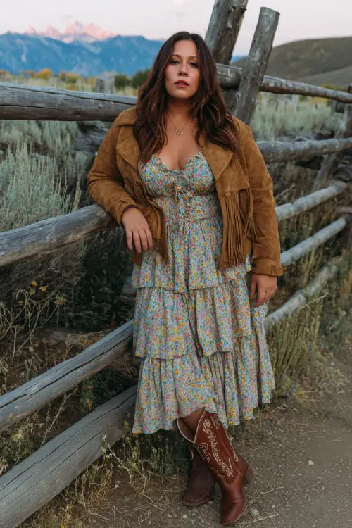 A curvy woman wears a tiered floral dress with brown tall cowboy boots and a cropped suede jacket