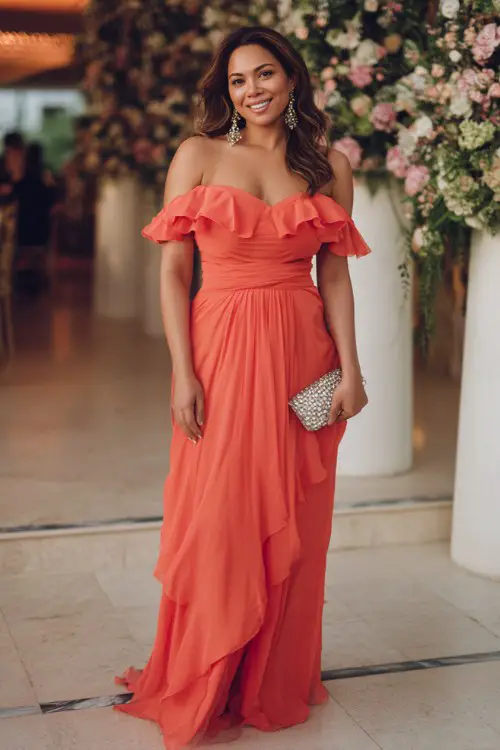 A curvy woman wears a vibrant coral chiffon gown featuring an off-shoulder neckline, ruffled sleeve details, and a layered flowing skirt