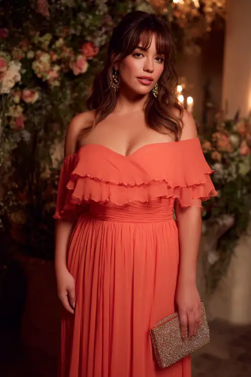 A curvy woman wears a vibrant coral chiffon gown featuring an off-shoulder neckline, ruffled sleeve details, and a layered flowing skirt