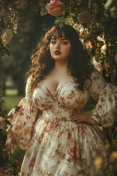 A curvy woman wears a white floral wedding guest dress with long puff sleeves and a sweetheart neckline