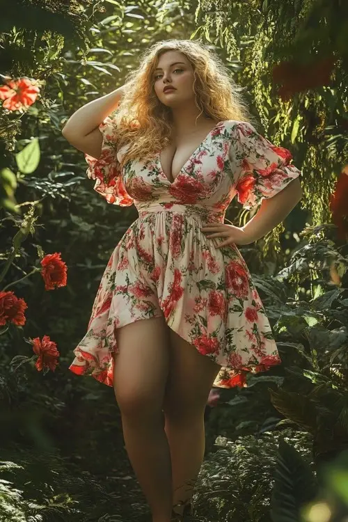 A curvy woman wears a white floral wedding guest dress with short ruffled sleeves and a high-low hem