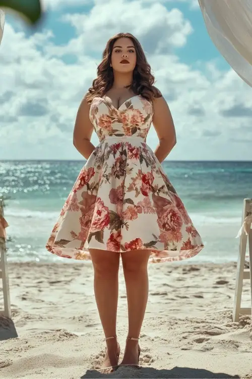 A curvy woman wears a white knee-length floral wedding guest dress with a sweetheart neckline and heels