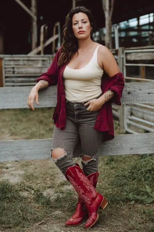 A curvy woman wears ripped skinny jeans tucked into red embroidered cowboy boots, layered with a cream tank top and oversized burgundy flannel