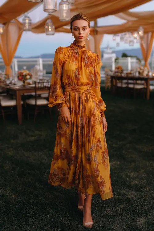 A full-body image of a woman in a soft marigold chiffon midi dress with vintage-inspired floral print, pleated skirt, and mock neck