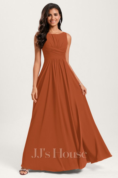 A-line Boat Neck Floor-Length Chiffon Bridesmaid Dress With Ruffle