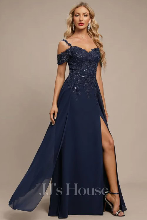 A-line Cold Shoulder Floor-Length Lace Chiffon Evening Dress With Overskirt Sequins