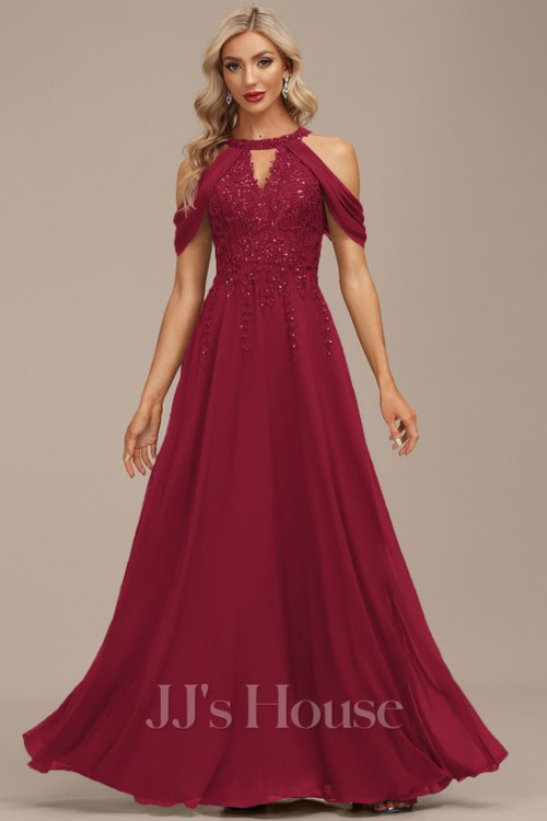 A-line Cold Shoulder Halter Floor-Length Lace Chiffon Evening Dress With Sequins