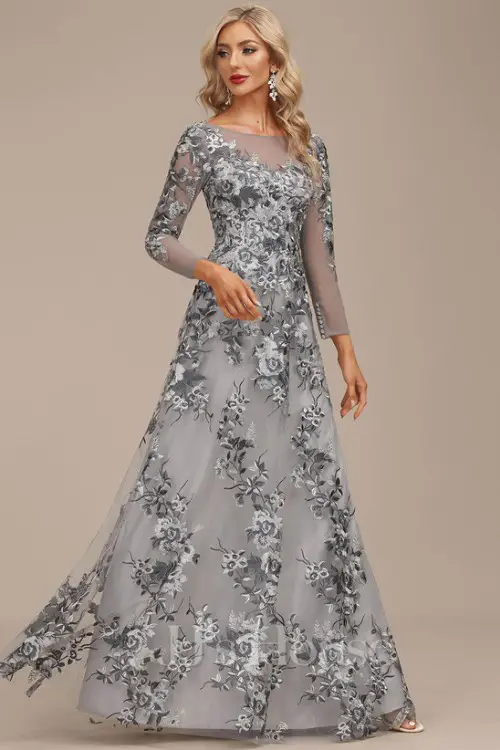 A-line Illusion Boat Neck Floor-Length Floral Lace Evening Dress