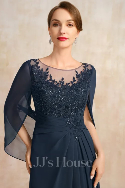 A-line Illusion Scoop Floor-Length Lace Chiffon Mother of the Bride Dress With Sequins Cape Pleated