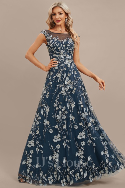 A-line Illusion Scoop Floor-Length Lace Floral Evening Dress