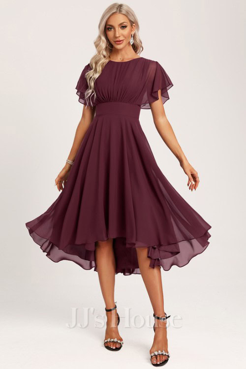 A-line Scoop Asymmetrical Chiffon Bridesmaid Dress With Ruffle