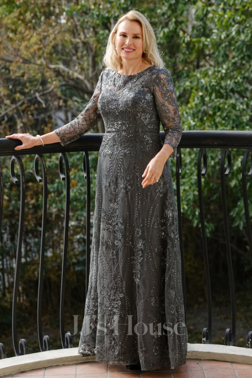 A-line Scoop Floor-Length Lace Mother of the Bride Dress With Sequins