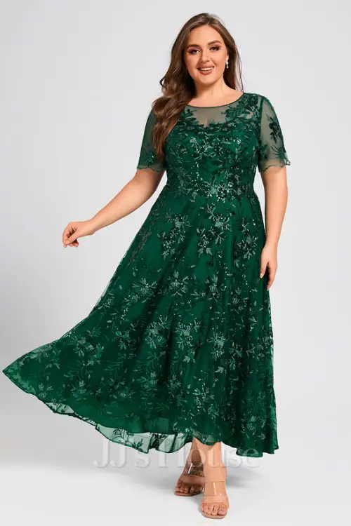A-line Scoop Illusion Asymmetrical Sequin Lace Evening Dress