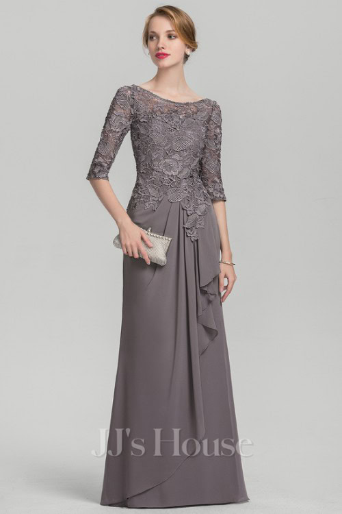 A-line Scoop Illusion Floor-Length Lace Chiffon Mother of the Bride Dress With Cascading Ruffles