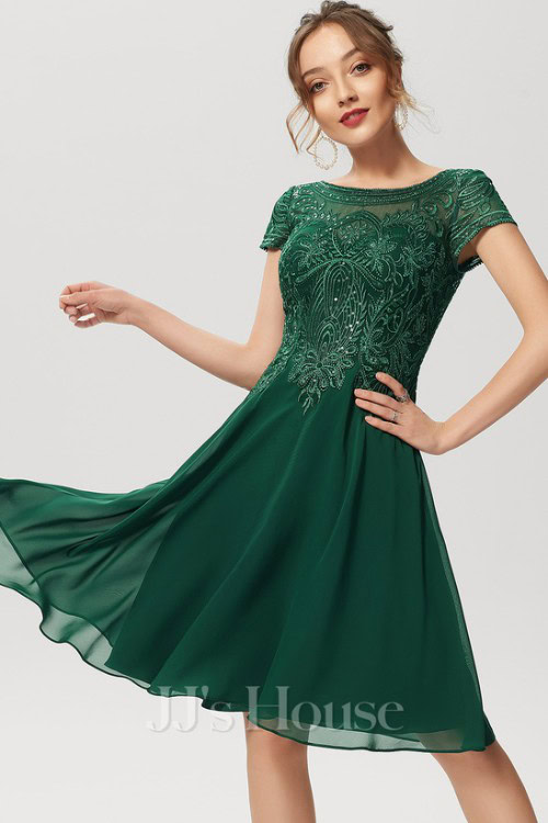 A-line Scoop Knee-Length Lace Chiffon Cocktail Dress With Sequins